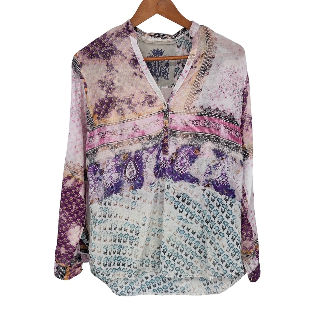 Mixed Paisley Floral Print Roll Tab‎ Boho Blouse Women Large Purple Pink Artsy